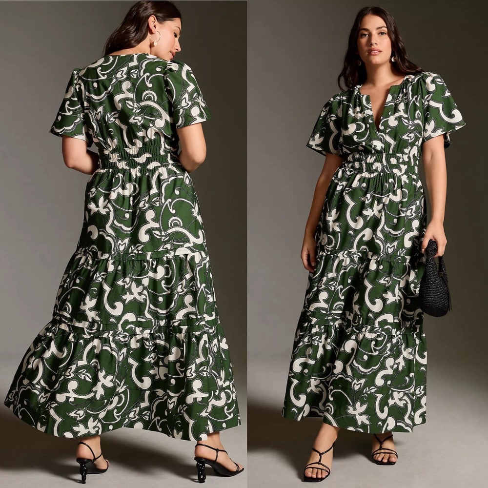 Anthropologie Somerset Maxi Dress Green White Cotton 1X Plus Size - Picture 2 of 13